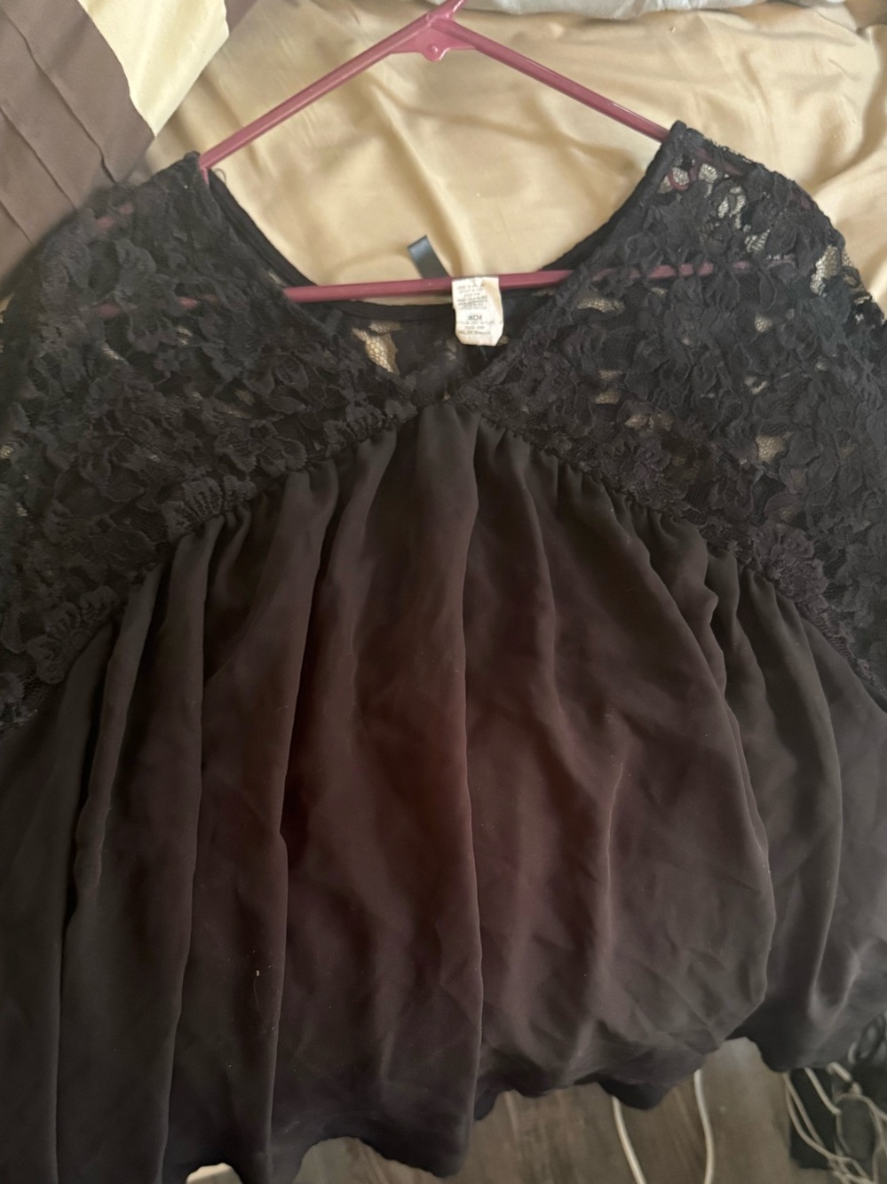 Lace Yoke Black Chiffon Blouse